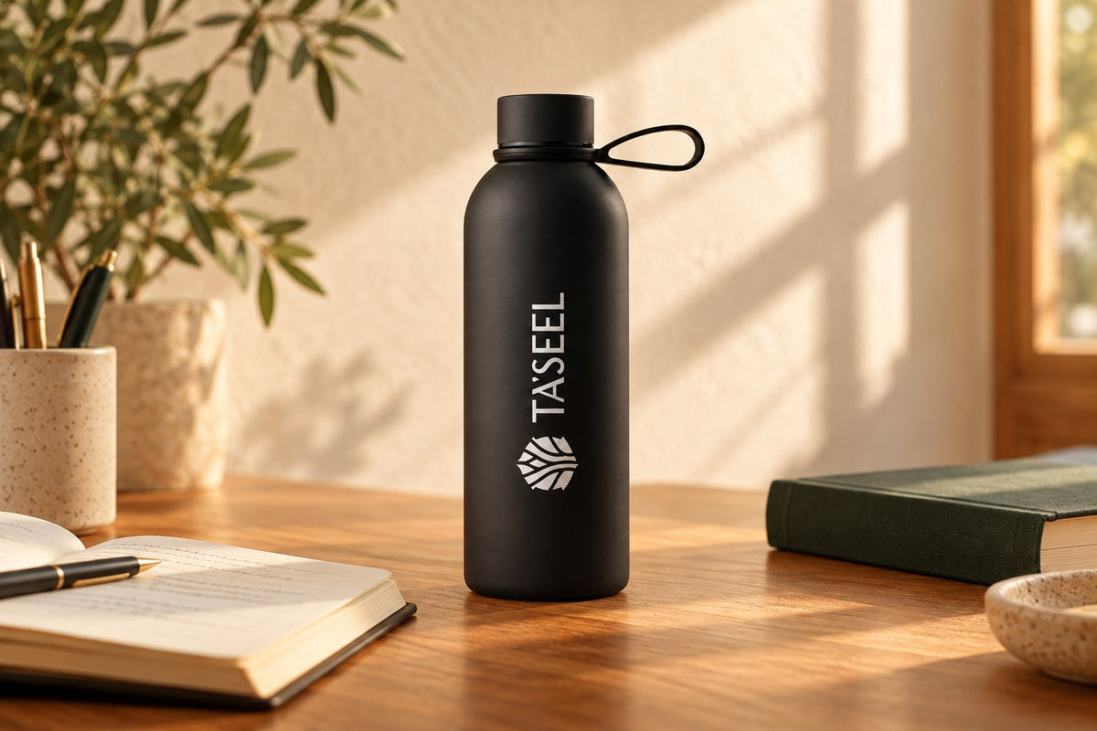 Premium Water Bottle on a desk